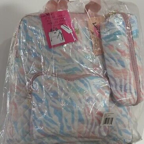 NWT betsey johnson pink rainbow zebra backpack with pencil pouch
